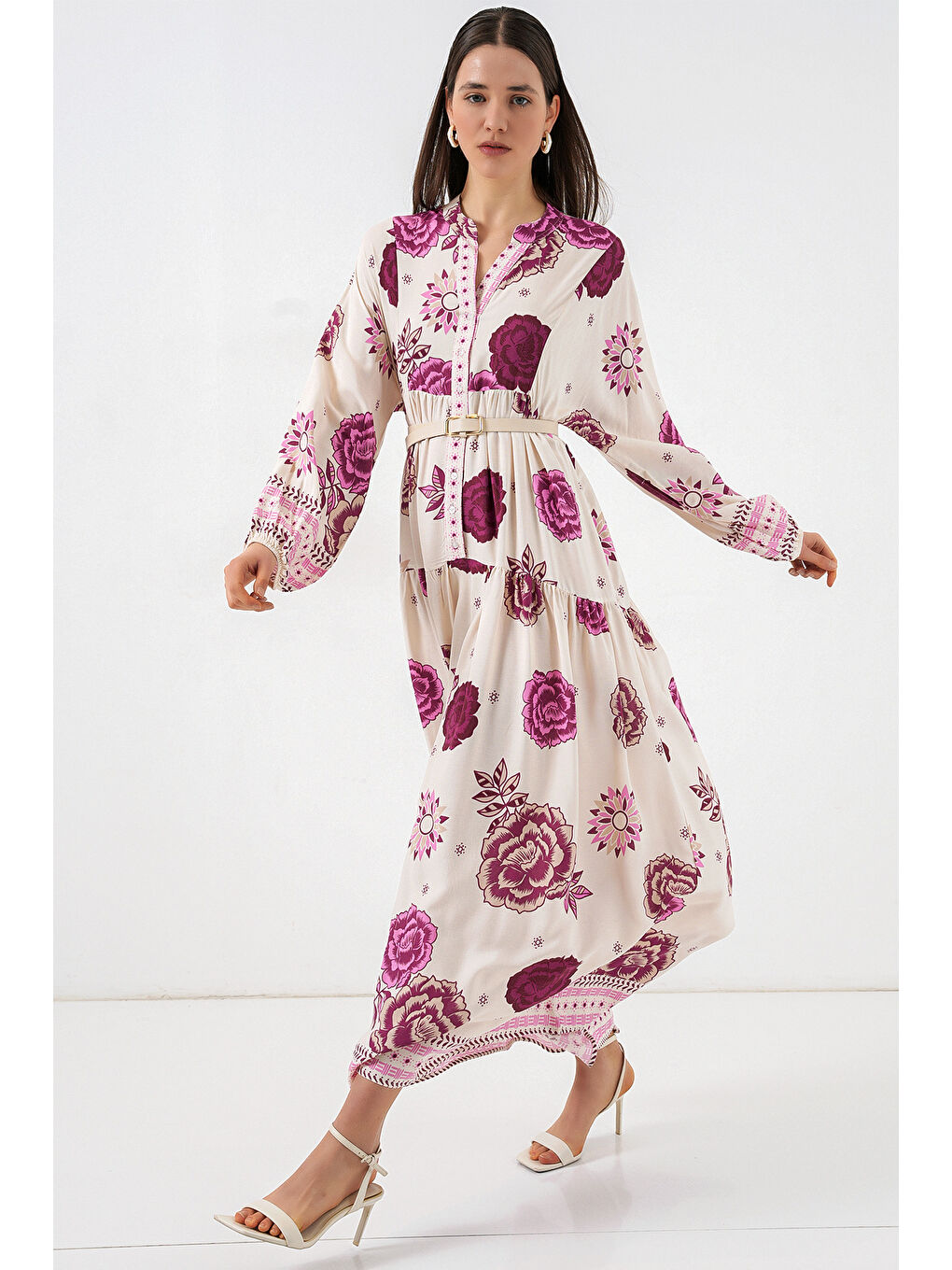 Kadın Desenli Uzun Tesettür Elbise 2585 - D. Fuşya