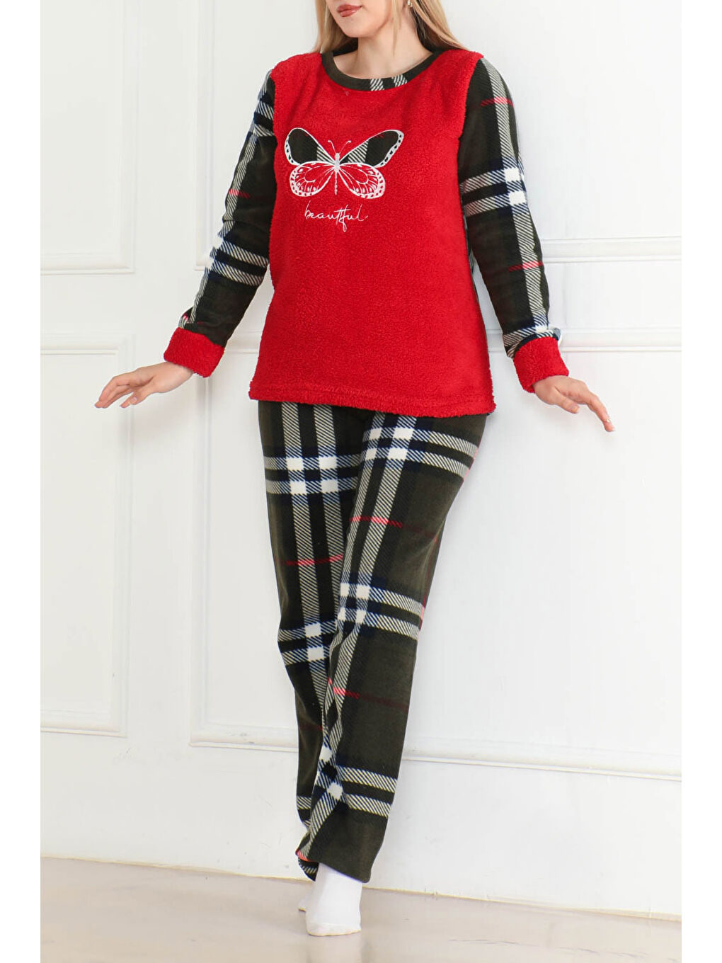 Kırmızı Nakışlı Pelüş Polar Pijama Takım Kirmizi   26631