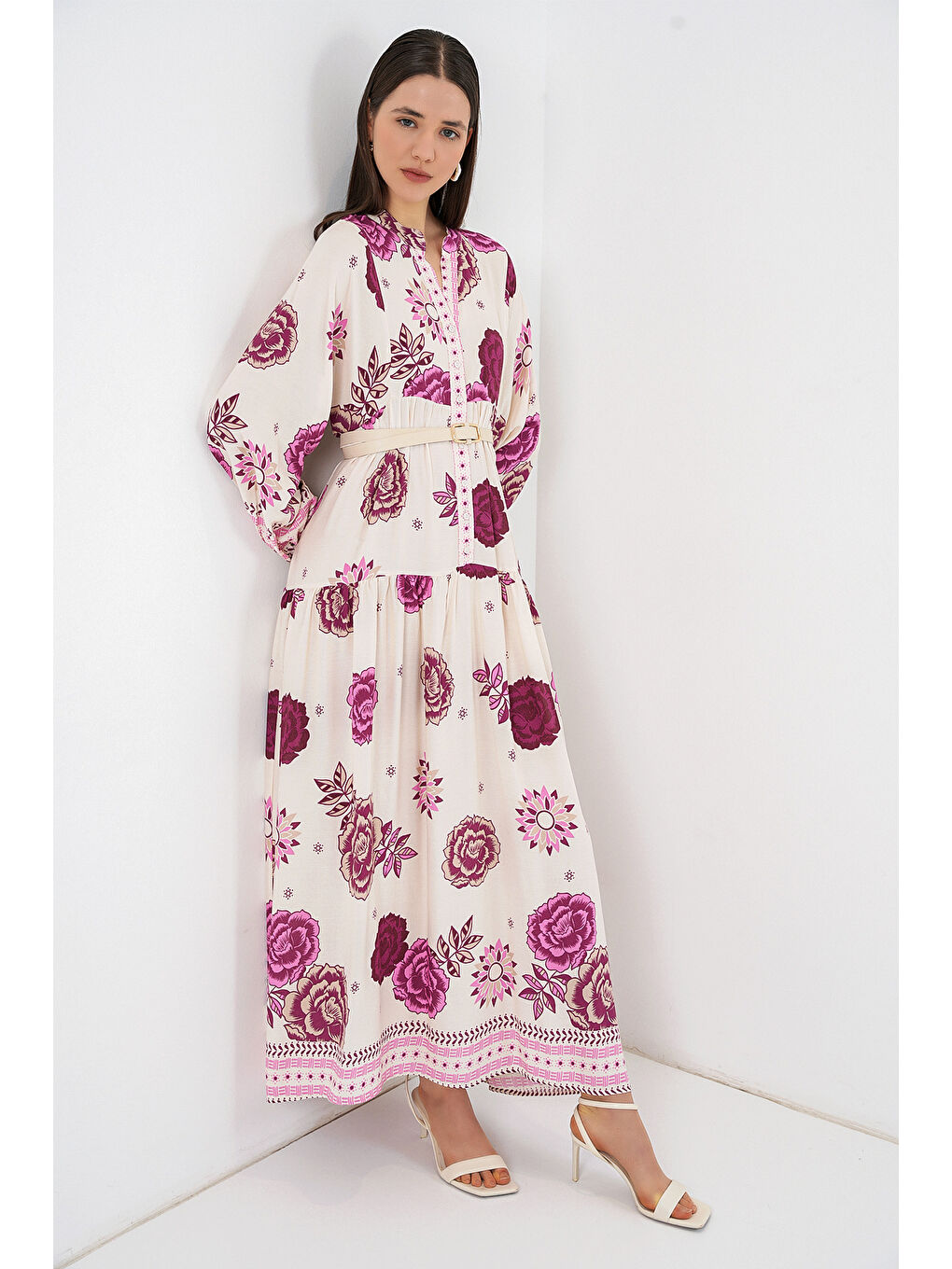 Kadın Desenli Uzun Tesettür Elbise 2585 - D. Fuşya-1