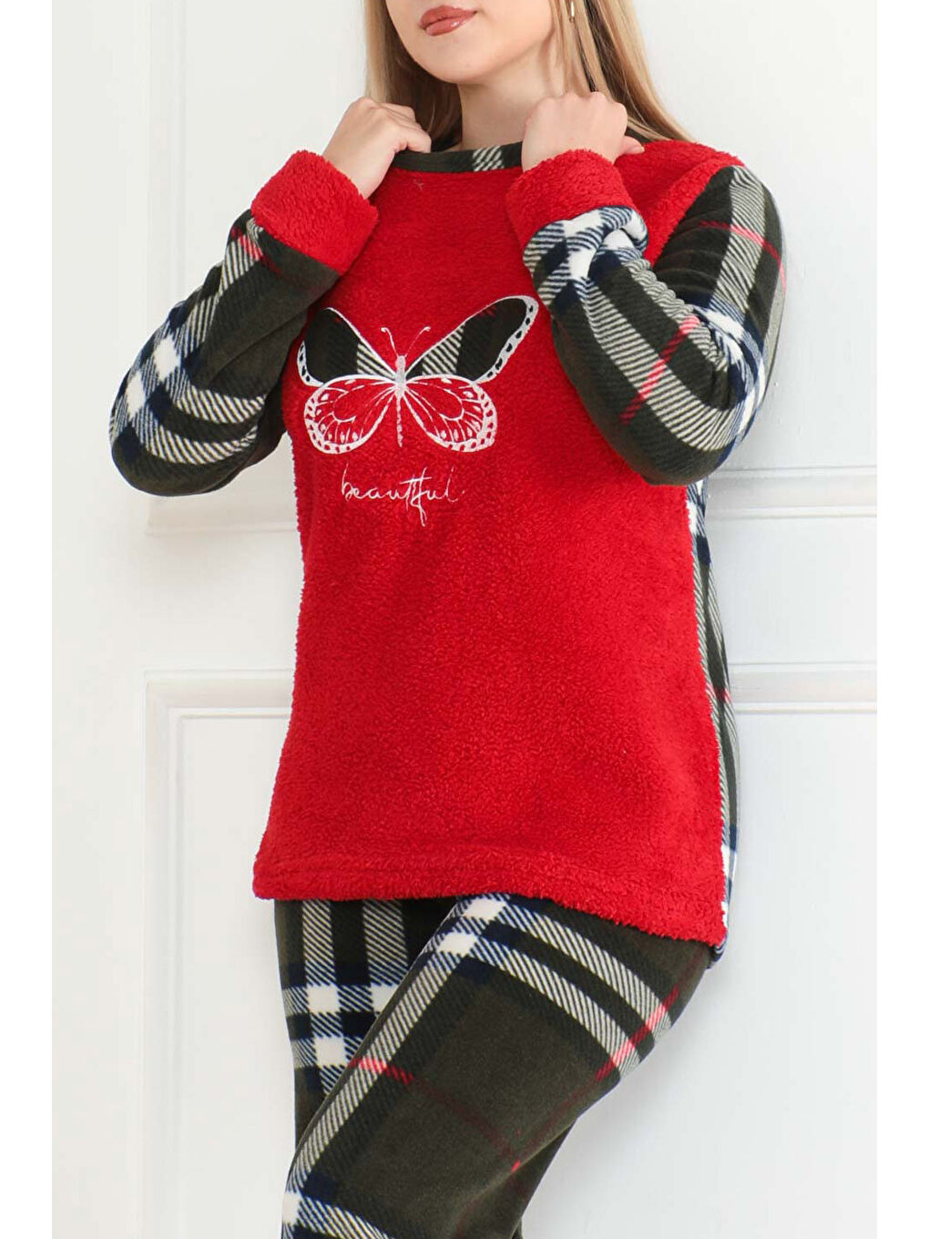 Kırmızı Nakışlı Pelüş Polar Pijama Takım Kirmizi   26631-2