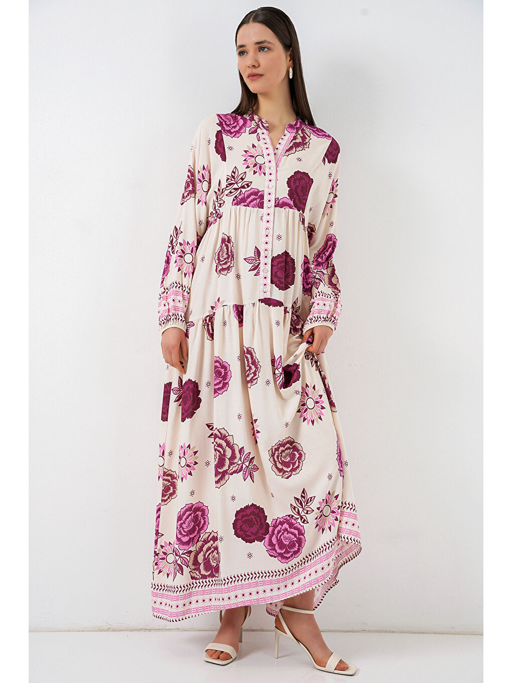 Kadın Desenli Uzun Tesettür Elbise 2585 - D. Fuşya-2