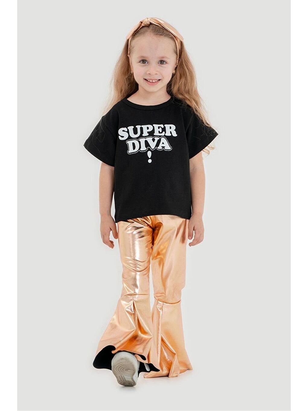 Siyah Kız Çocuk Pamuklu Crop T-Shirt Parlak Gri İspanyol Paça Alt-Üst Takım