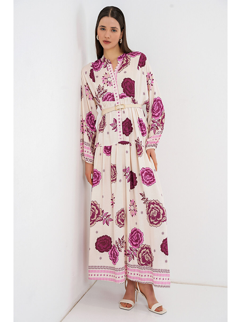 Kadın Desenli Uzun Tesettür Elbise 2585 - D. Fuşya-3