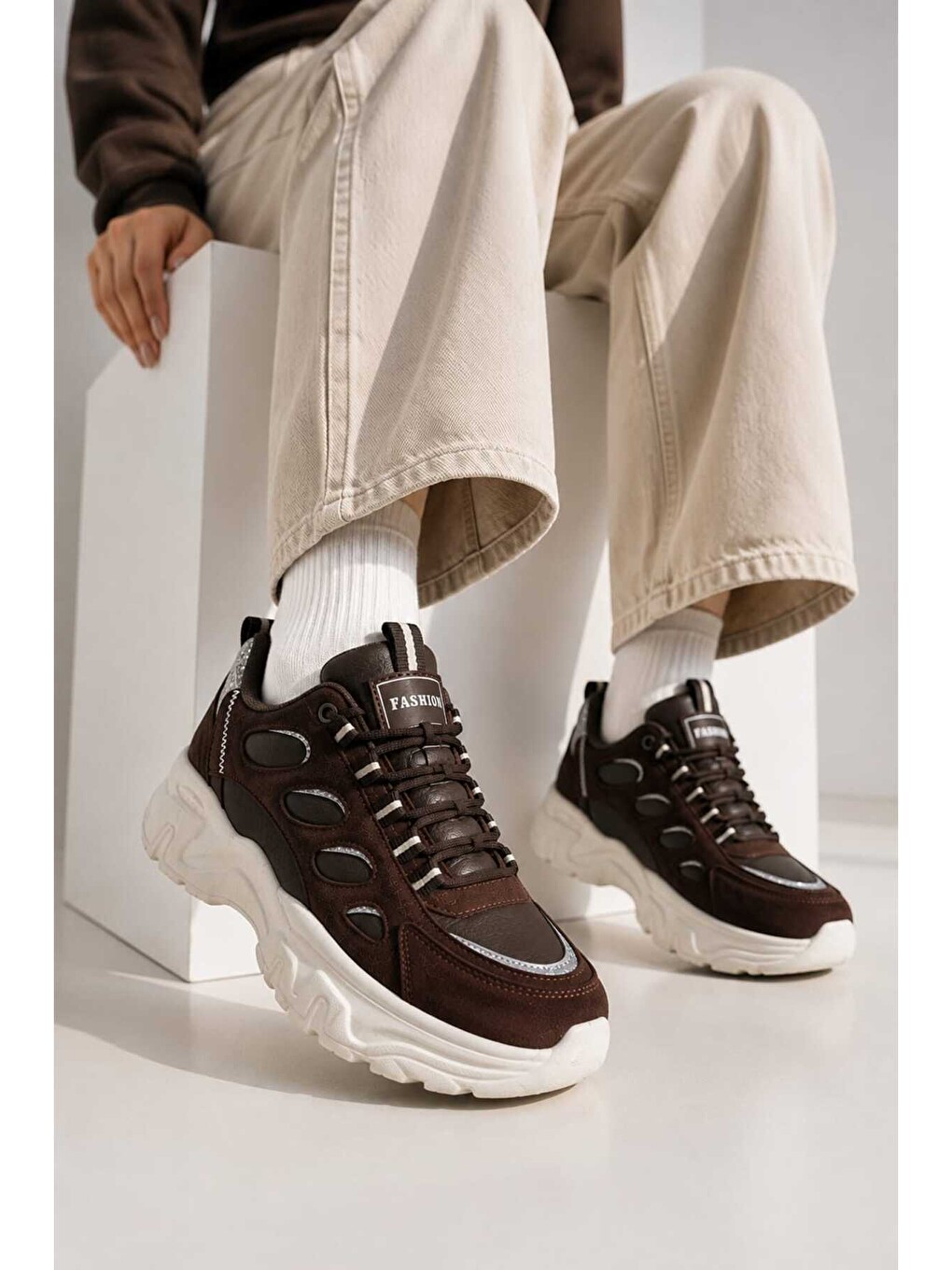 Kahverengi Kadın, Kalın Tabanlı, Bağcıklı, Günlük Spor Ayakkabı Sneaker-1