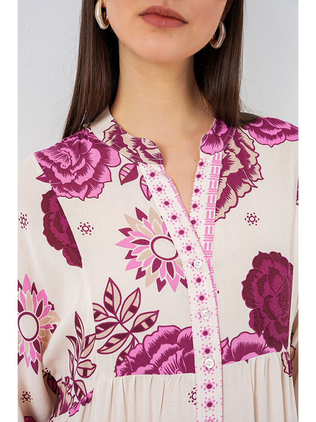 Kadın Desenli Uzun Tesettür Elbise 2585 - D. Fuşya-4