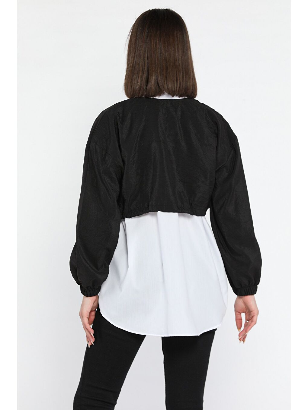 Siyah Bel Büzgülü Kadın Paraşüt Garnili Gömlek-2