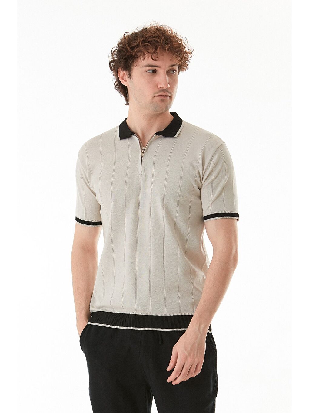 Bej Şeritli Fermuarlı Polo Yaka Triko Tişört-2