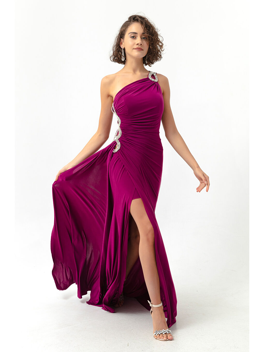 Kadın Mürdüm Tek Omuzlu Taşlı Uzun Abiye Elbise-2