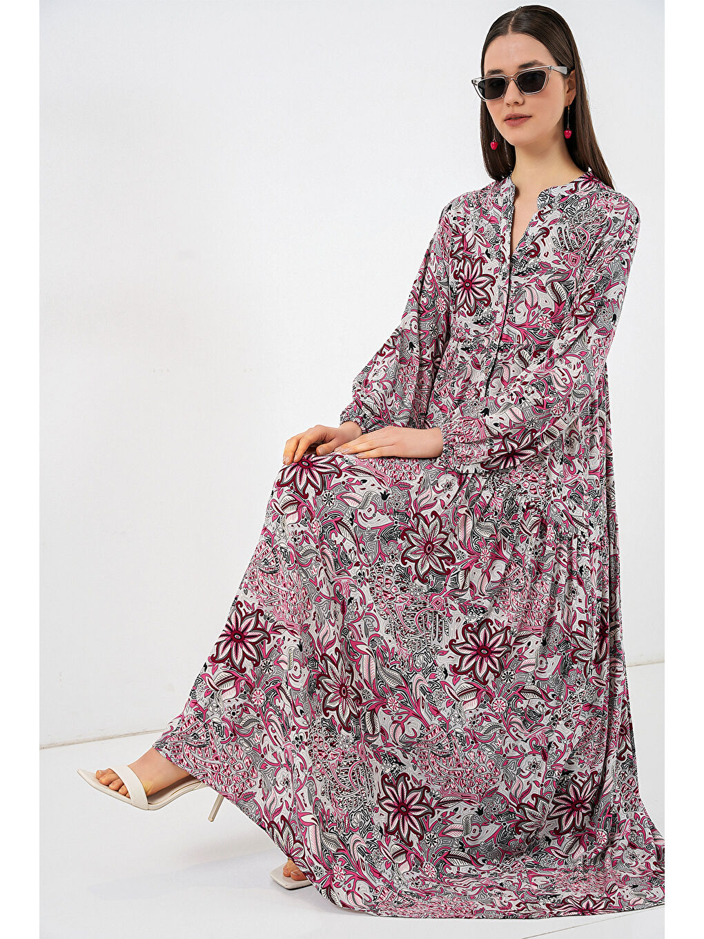 Kadın Desenli Uzun Tesettür Elbise 2585 - C.Gri