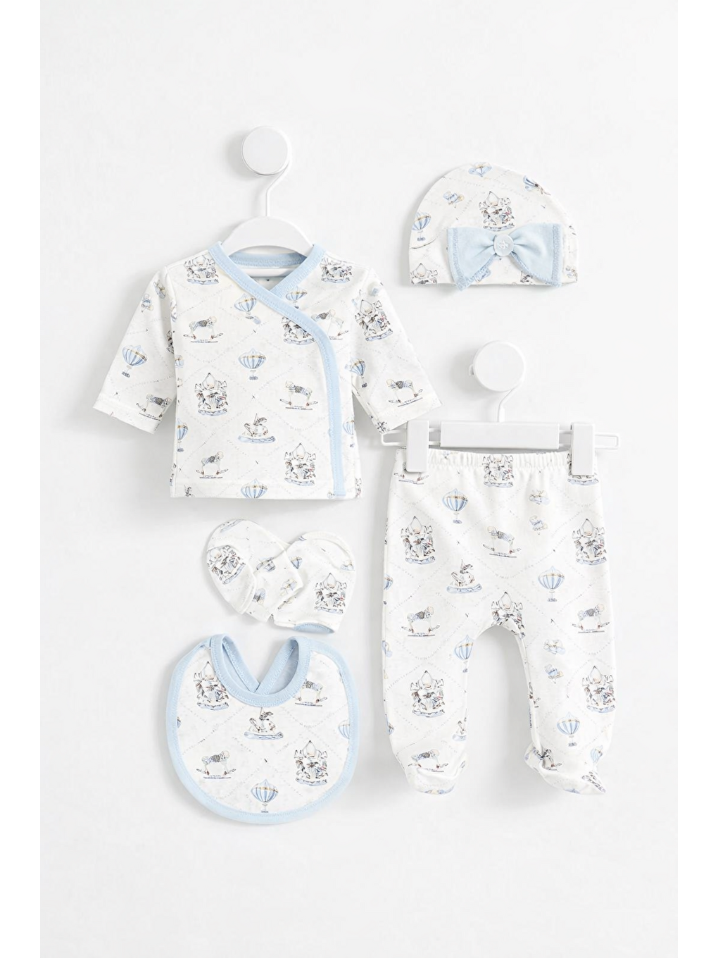 Mavi Erkek Bebek 5li Hastane Çıkış Seti Atlı Balonlu Pamuklu 0-3 ay