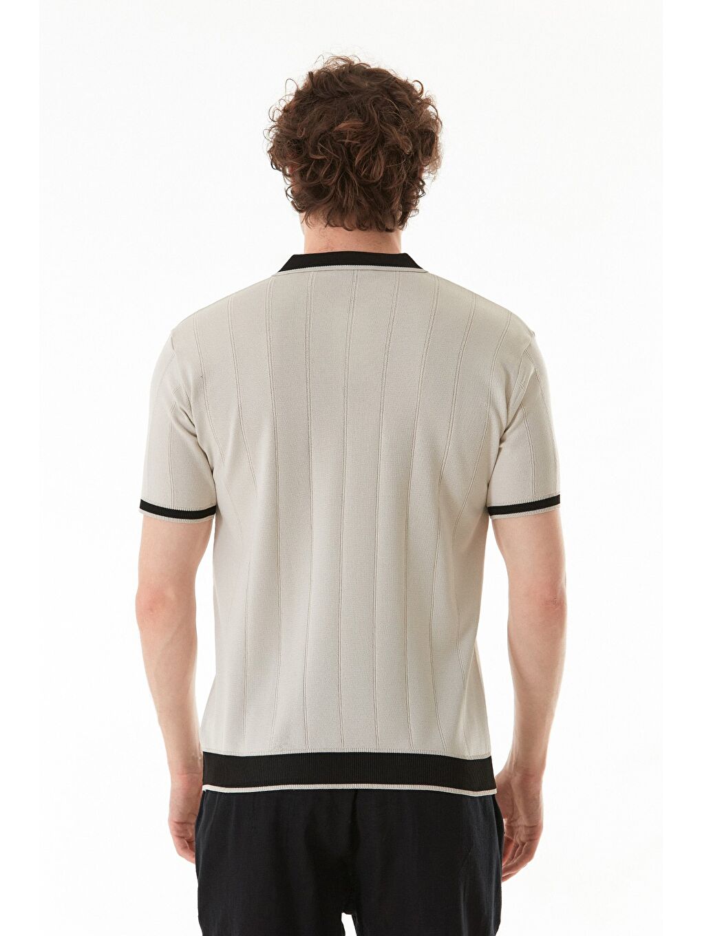 Bej Şeritli Fermuarlı Polo Yaka Triko Tişört-3