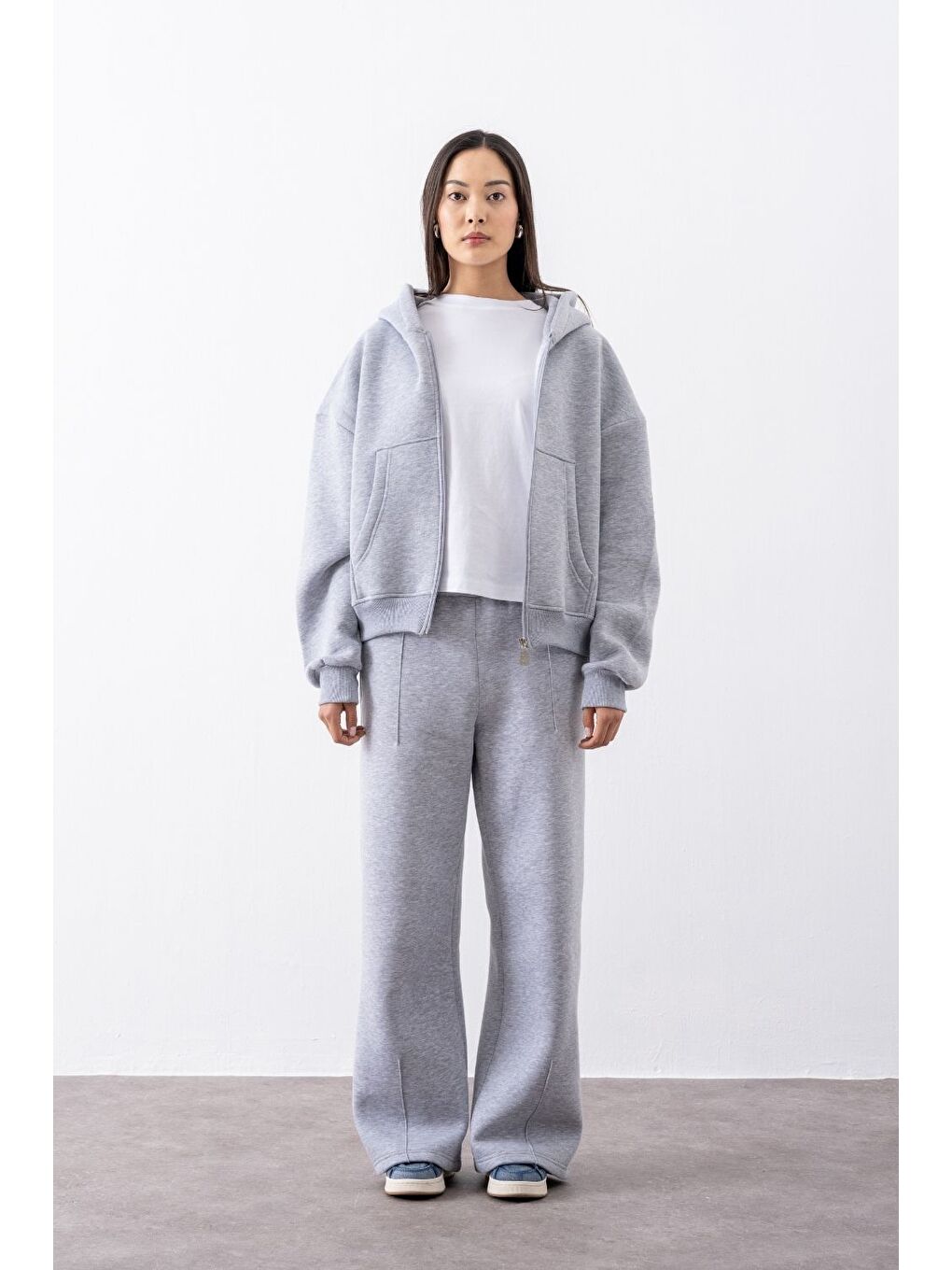 Kadın Chill Oversize Gri Fermuarlı Sweatshirt-3
