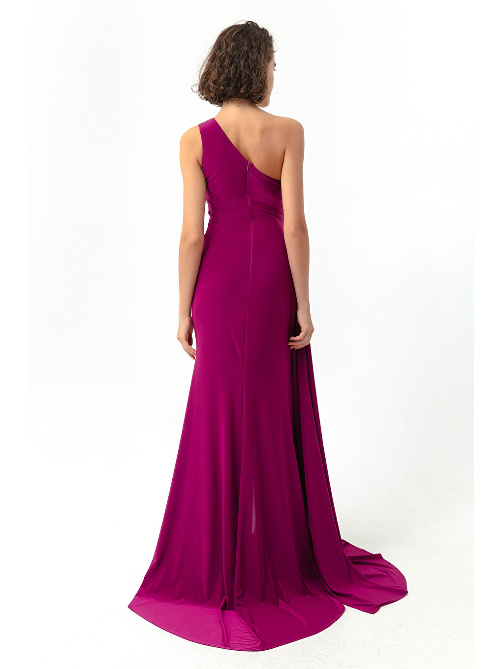 Kadın Mürdüm Tek Omuzlu Taşlı Uzun Abiye Elbise-4