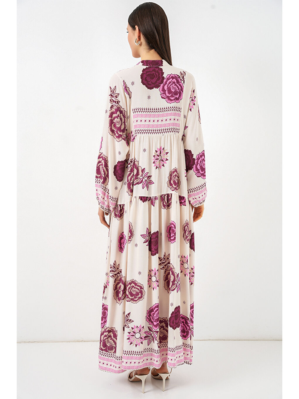 Kadın Desenli Uzun Tesettür Elbise 2585 - D. Fuşya-5