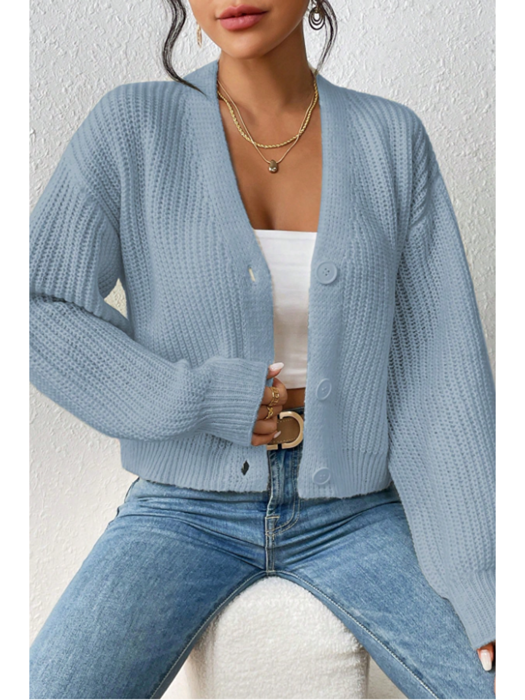 Kadın Bebe Mavisi V Yaka  Uzun Kollu Düğmeli Triko Hırka-1