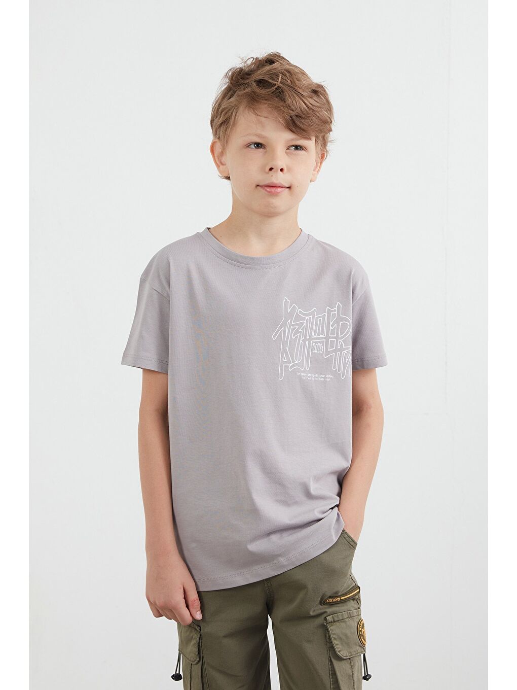Gri %100 Pamuk Yazı Baskılı Erkek Çocuk Tişört