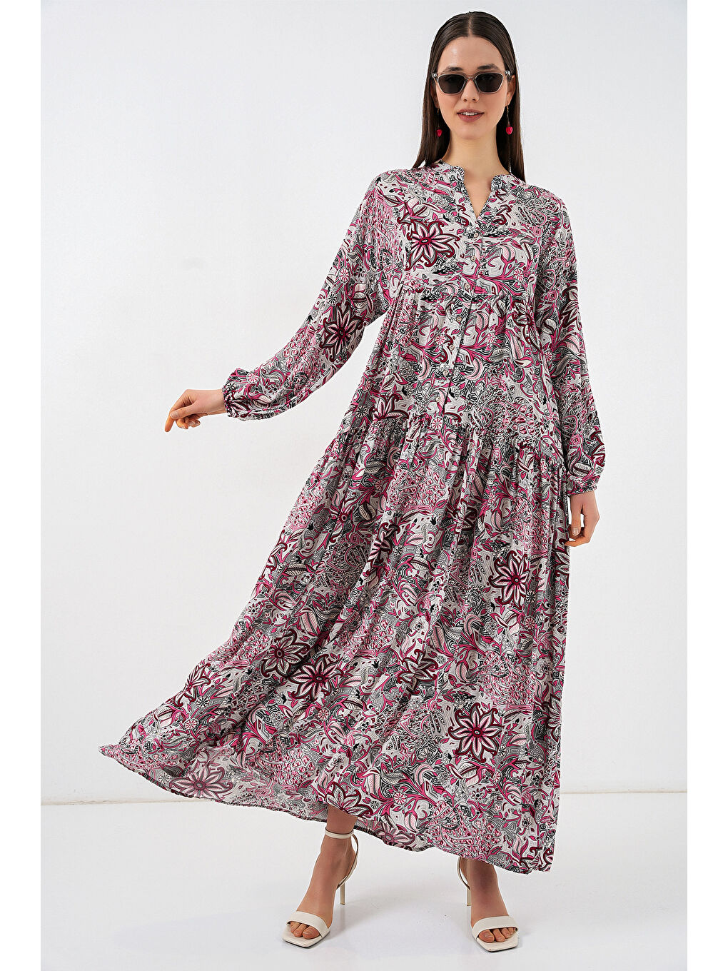 Kadın Desenli Uzun Tesettür Elbise 2585 - C.Gri-1