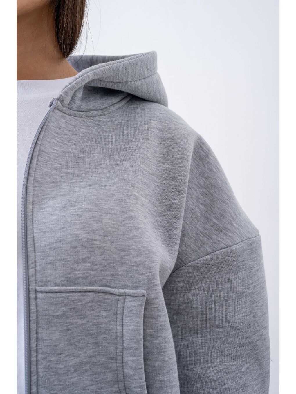 Kadın Chill Oversize Gri Fermuarlı Sweatshirt-4