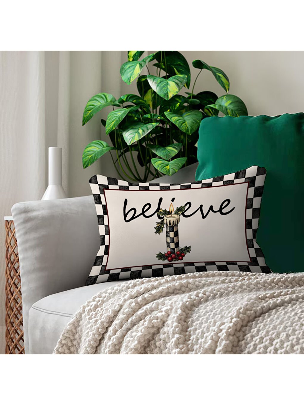Karışık Yılbaşı Desenli Çift Taraf Baskılı Kadife Kırlent Kılıfı - 35x55 cm | Yumuşak Dokunuş,Özel Tasarım