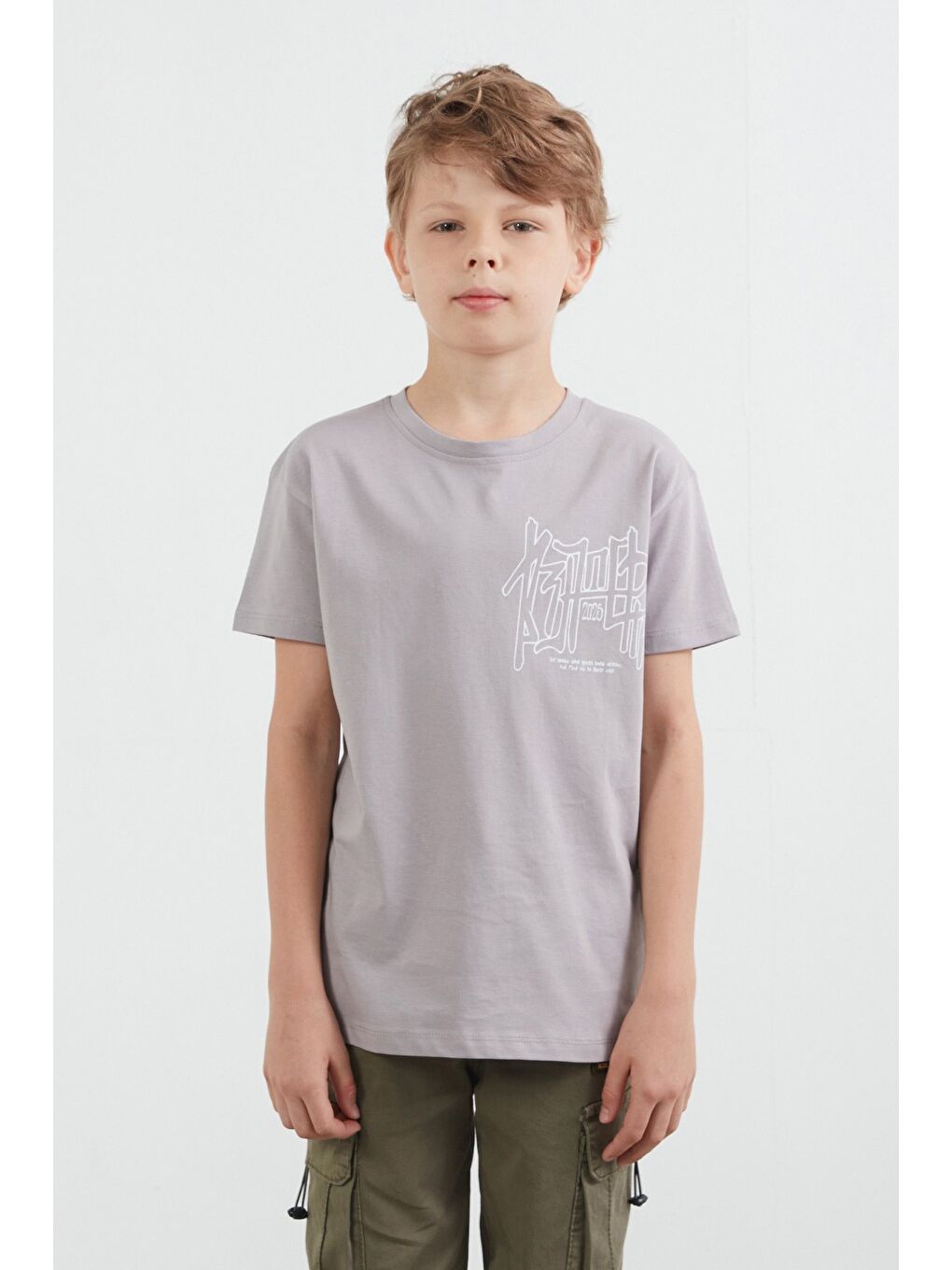 Gri %100 Pamuk Yazı Baskılı Erkek Çocuk Tişört-1