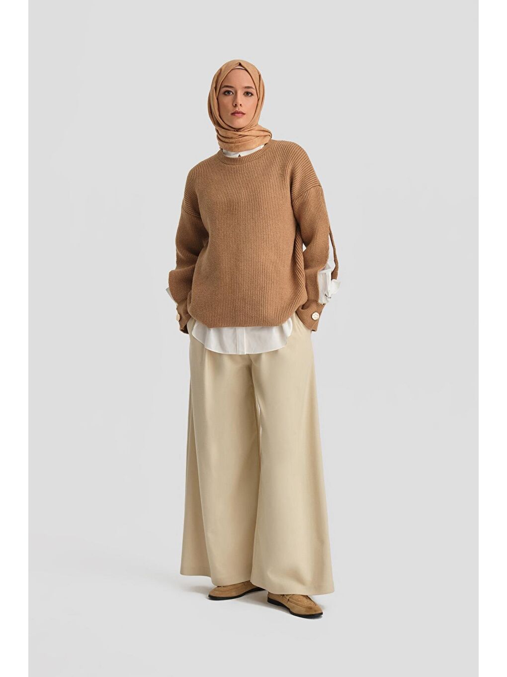 Kahverengi Kolu Yırtmaç Detaylı Kazak 24Kd4201 Camel-2