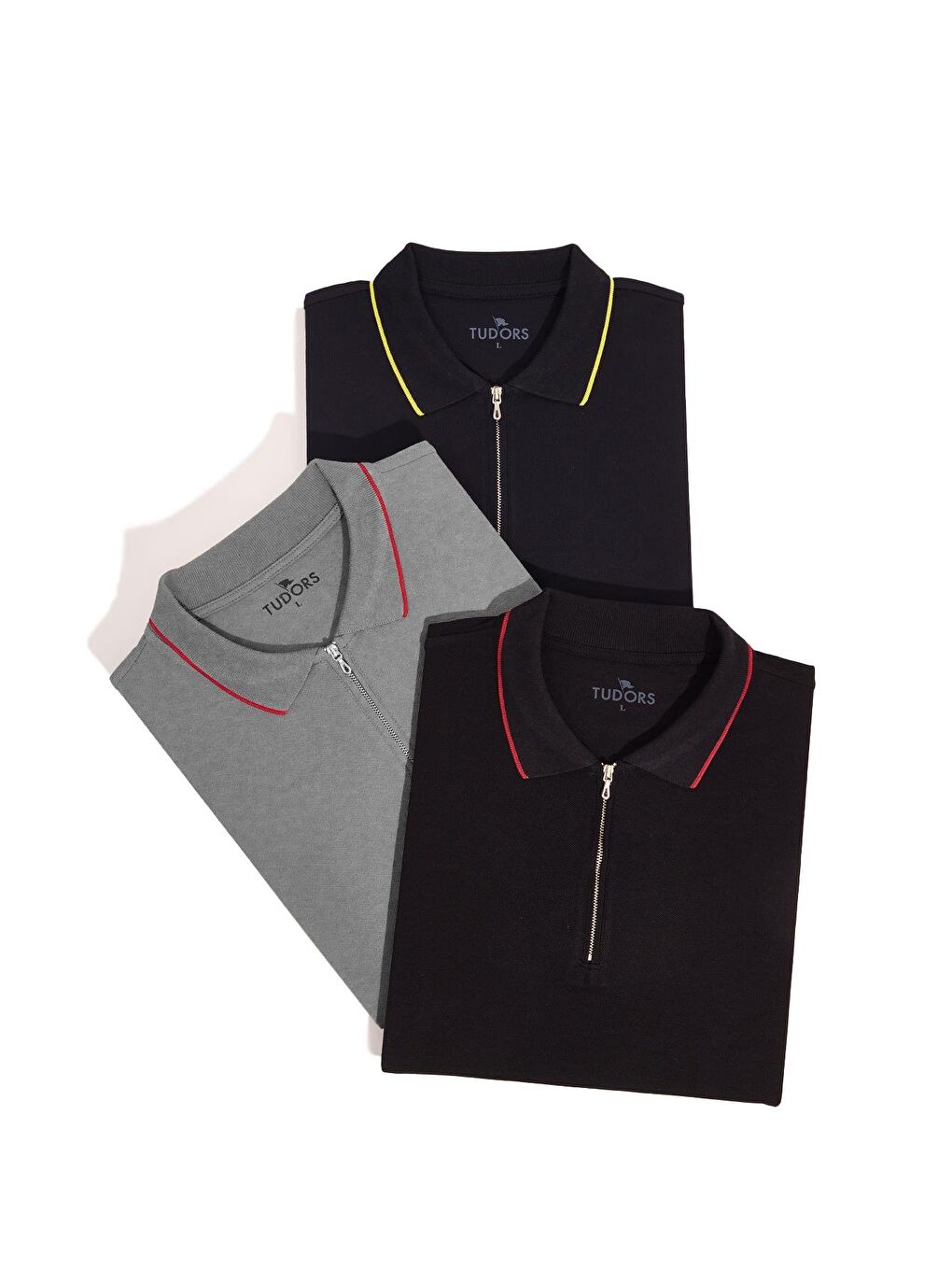 Karışık Erkek 3'Lü Paket Lacivert-Gri-Siyah Slim Fit Dar Kesim Pamuklu Düz Fermuarlı Pike Polo Yaka Tişört