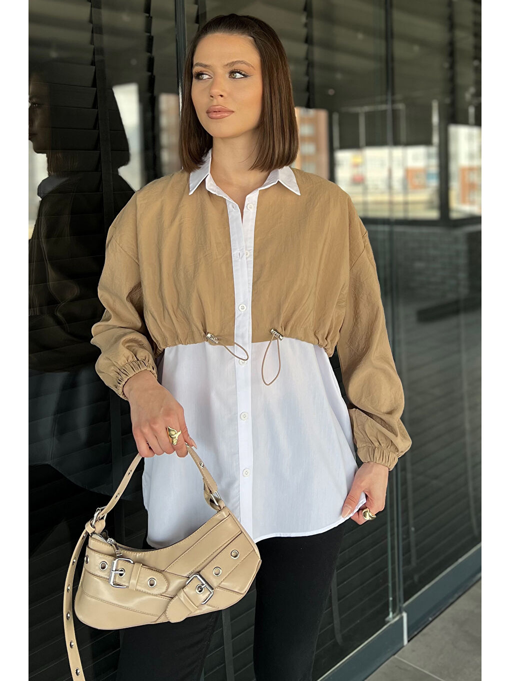 Bej Bel Büzgülü Kadın Paraşüt Garnili Gömlek-1