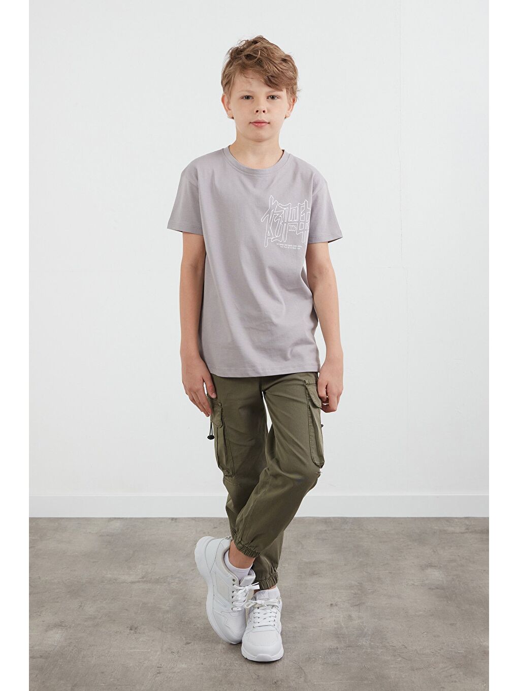 Gri %100 Pamuk Yazı Baskılı Erkek Çocuk Tişört-2