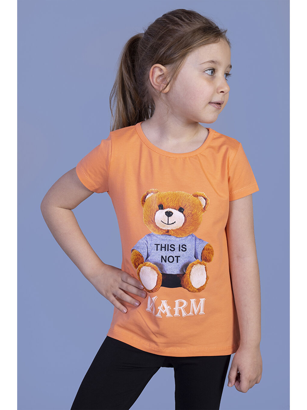 Turuncu Kız Çocuk Ayıcık Baskılı Tişört