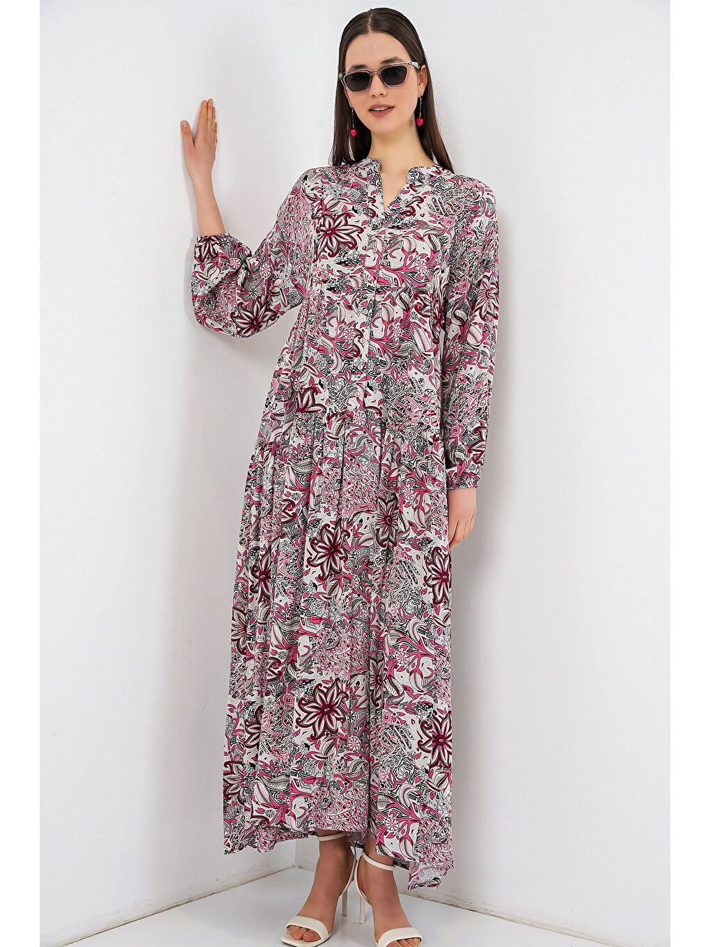 Kadın Desenli Uzun Tesettür Elbise 2585 - C.Gri-2