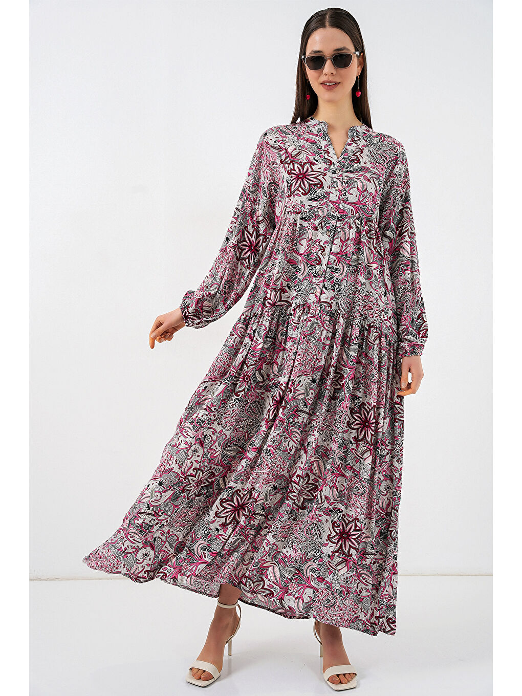 Kadın Desenli Uzun Tesettür Elbise 2585 - C.Gri-3