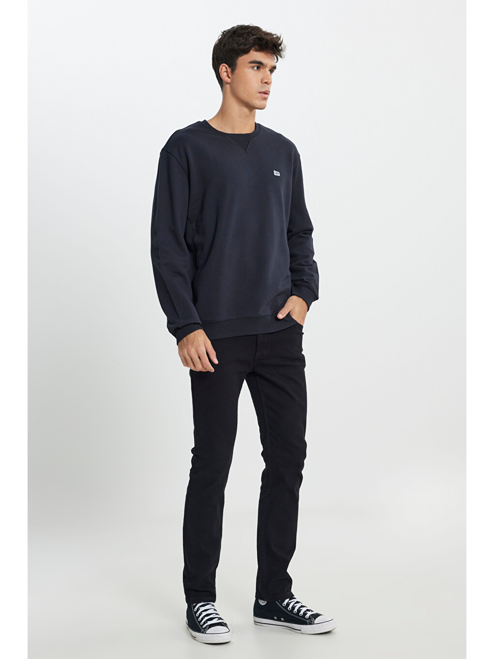Regular Fit %100 Pamuk Bisiklet Yaka Siyah Şardonlu Sweatshirt-2