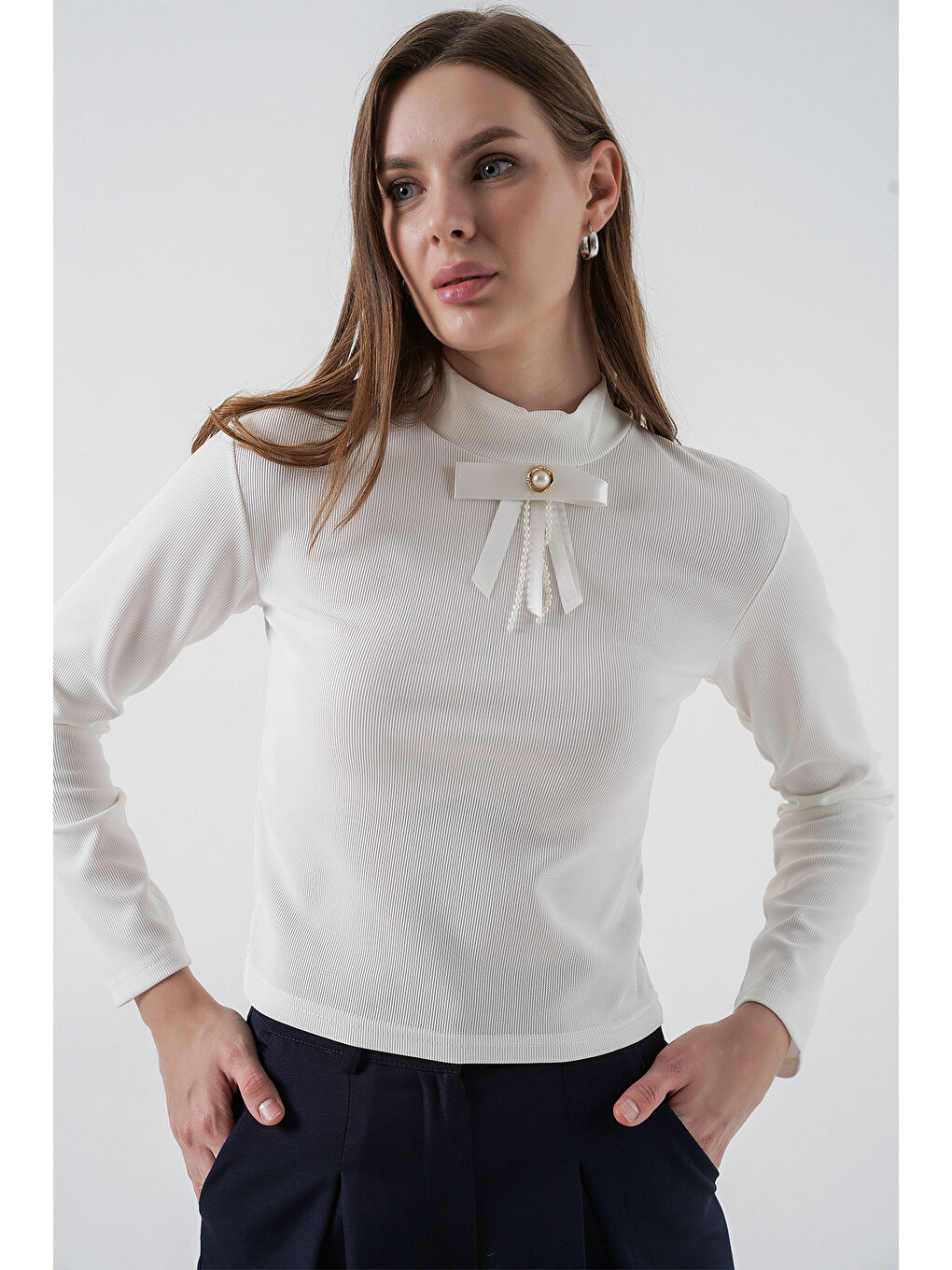 Kadın Kurdale Detay Uzun Kollu Bluz 977 - Beyaz-2