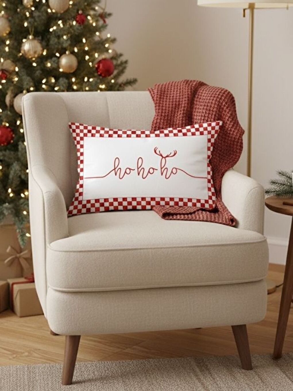 Kırmızı Hoho Yazı Desen Kadife Dikdörtgen Kırlent Kılıfı 35x55 cm Çift Taraf Baskılı Fermuarlı-1