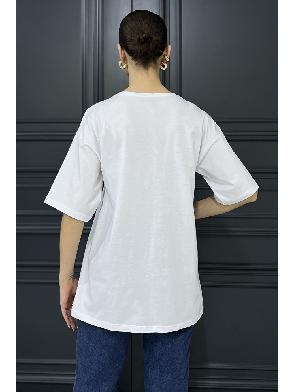 Beyaz Ön Yazı Baskılı Bisiklet Yaka Kadın Tişört-2