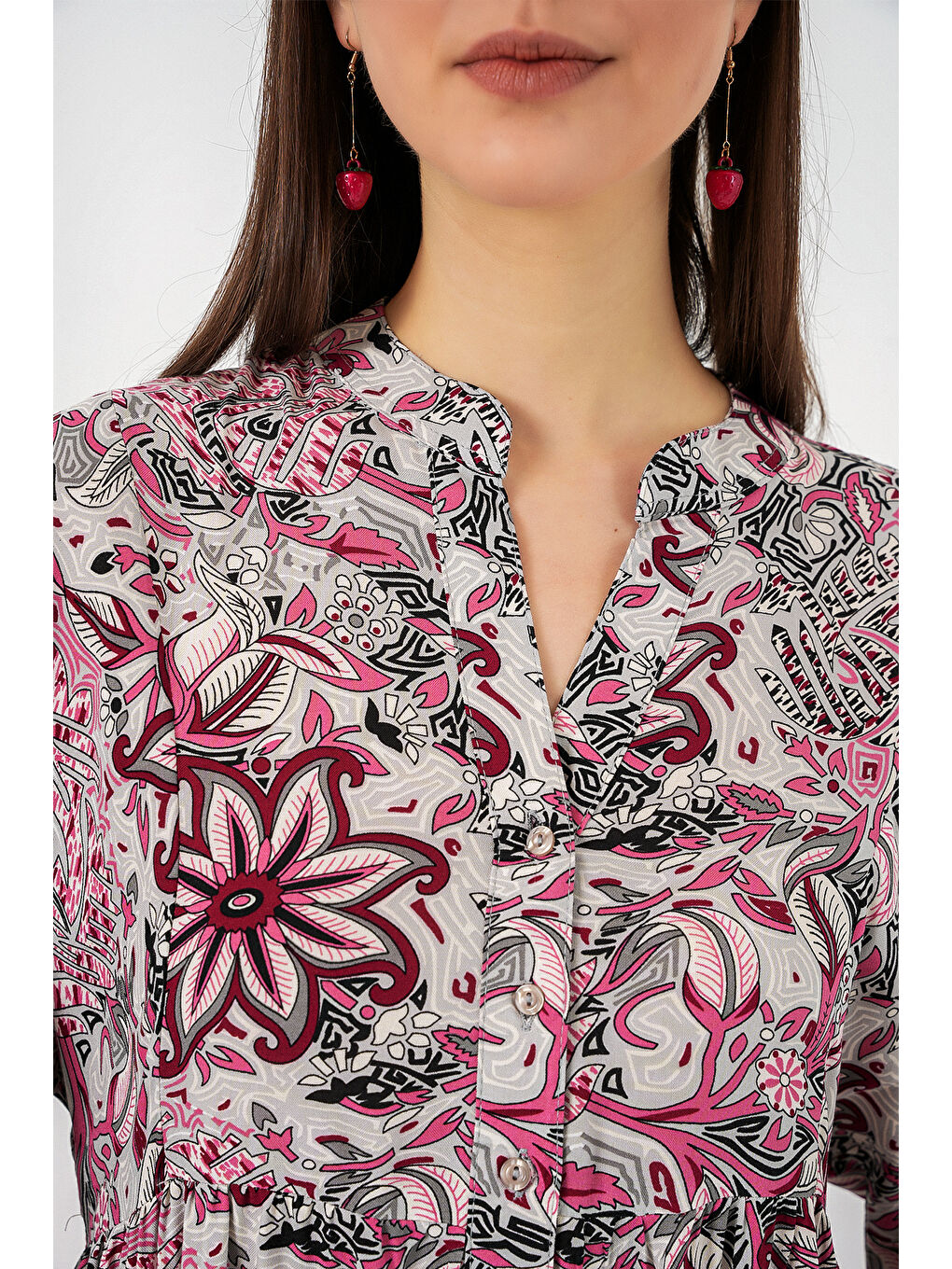 Kadın Desenli Uzun Tesettür Elbise 2585 - C.Gri-4