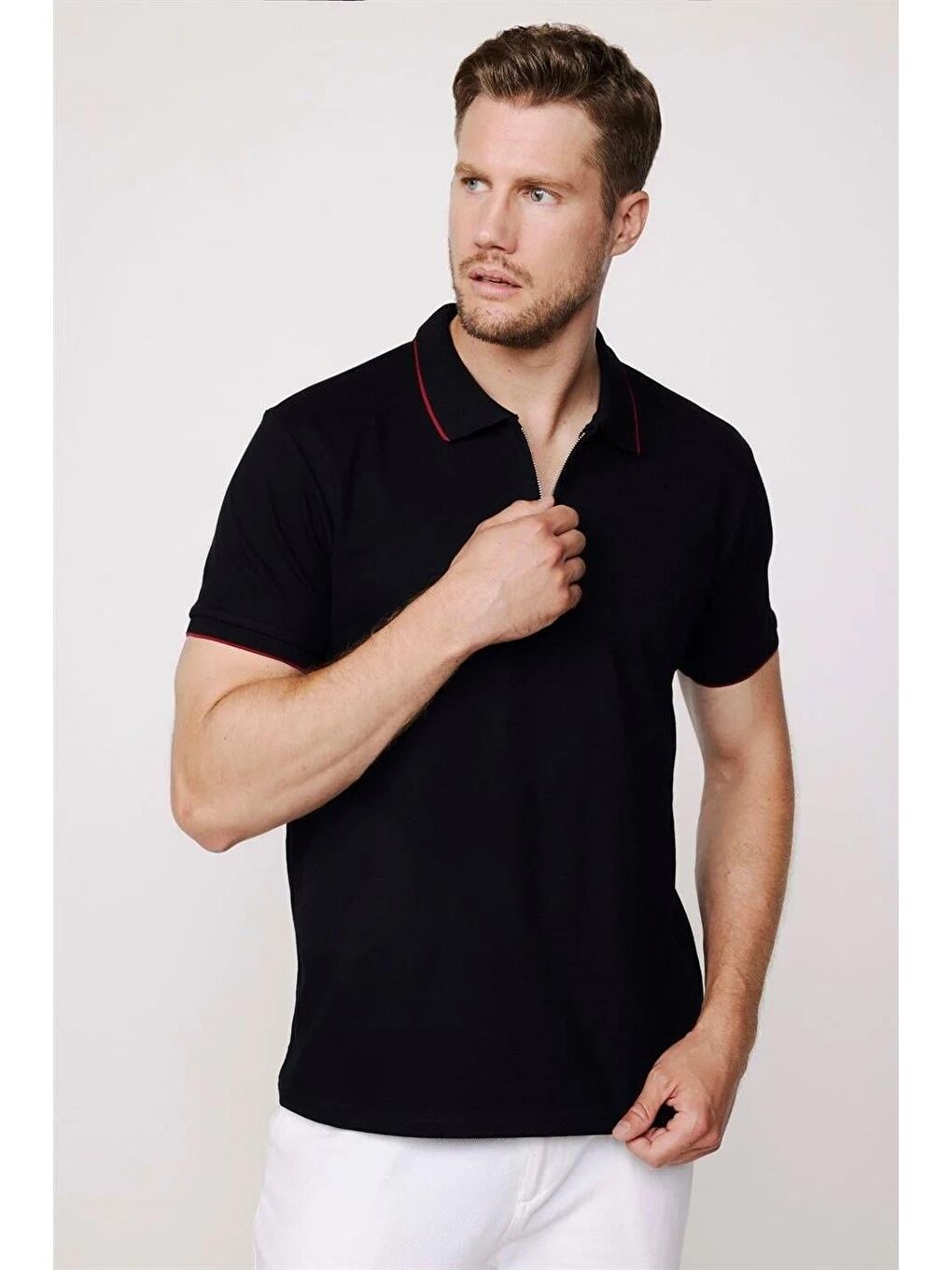 Karışık Erkek 3'Lü Paket Lacivert-Gri-Siyah Slim Fit Dar Kesim Pamuklu Düz Fermuarlı Pike Polo Yaka Tişört-1