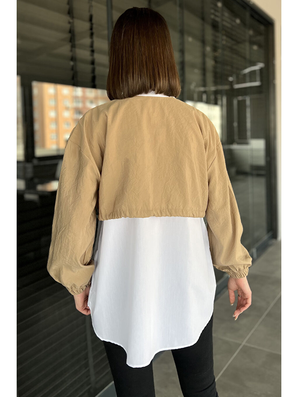 Bej Bel Büzgülü Kadın Paraşüt Garnili Gömlek-2
