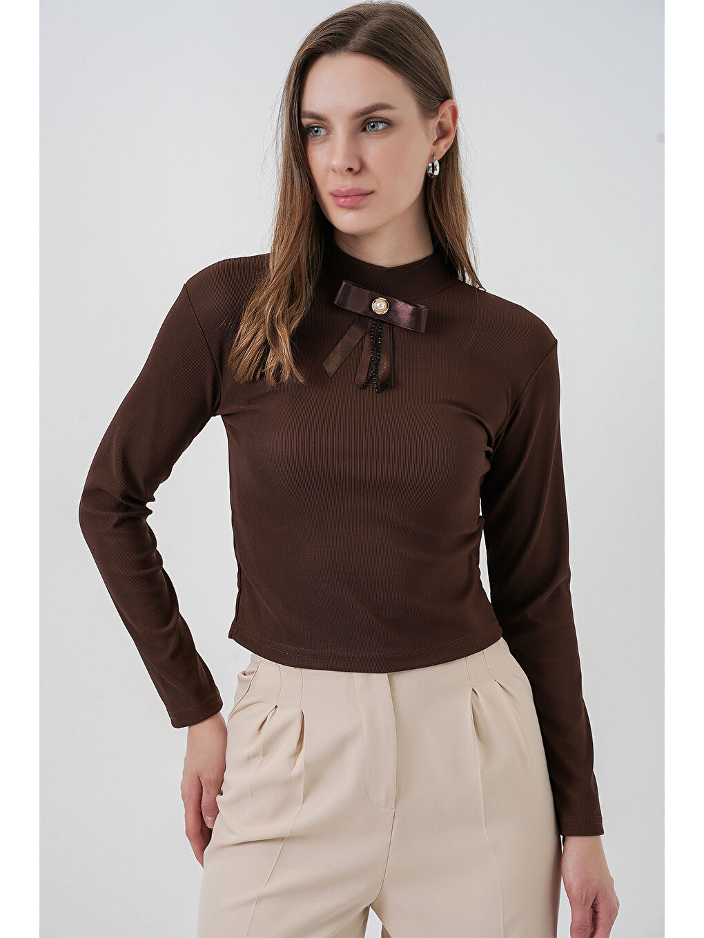Kadın Kurdale Detay Uzun Kollu Bluz 977 - Kahverengi