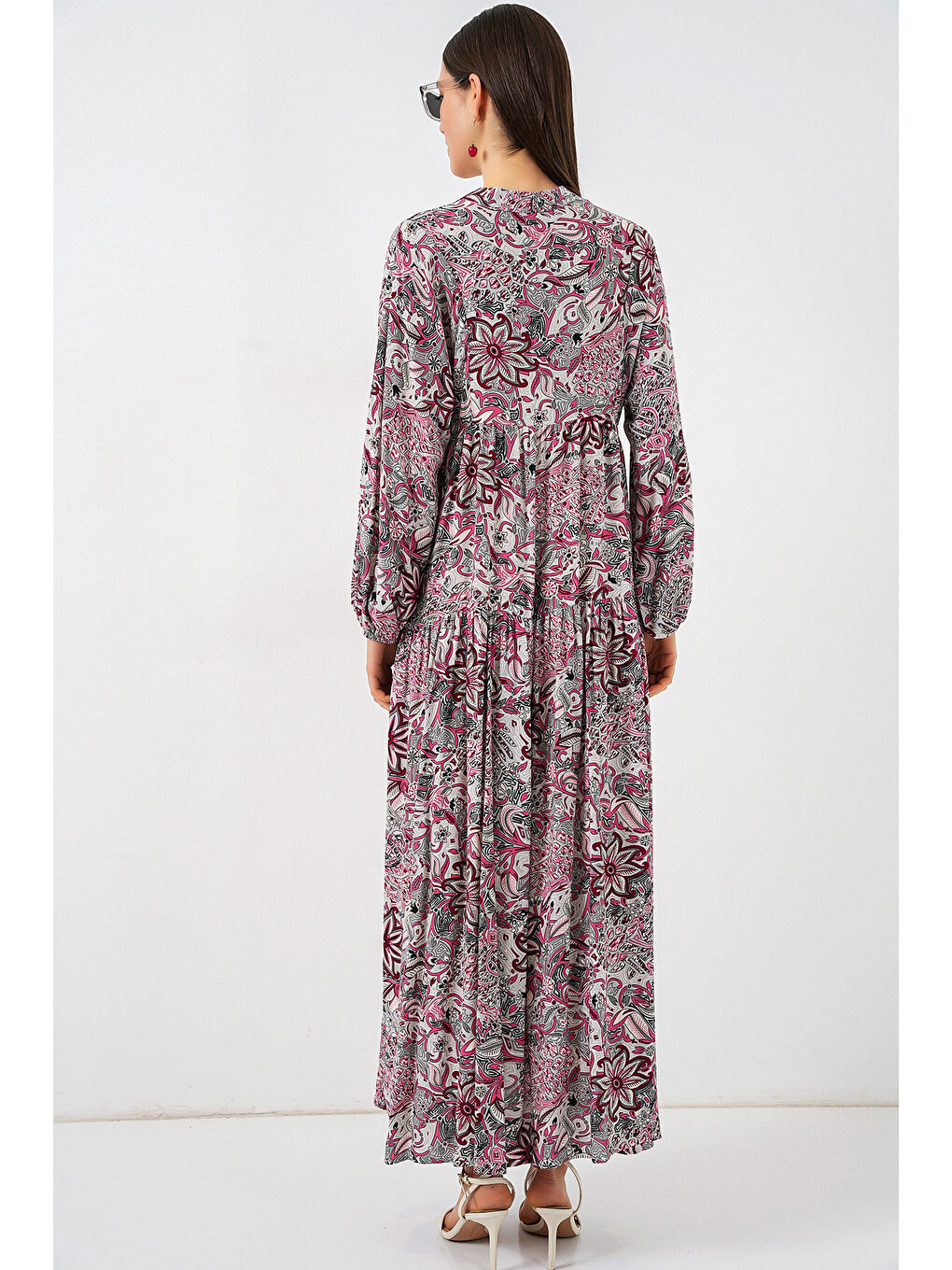 Kadın Desenli Uzun Tesettür Elbise 2585 - C.Gri-5