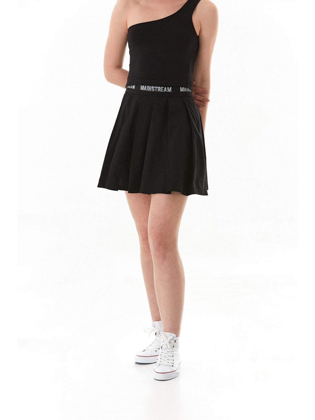 Siyah Yazı Baskılı Fermuarlı Terikoton Şort Etek-1