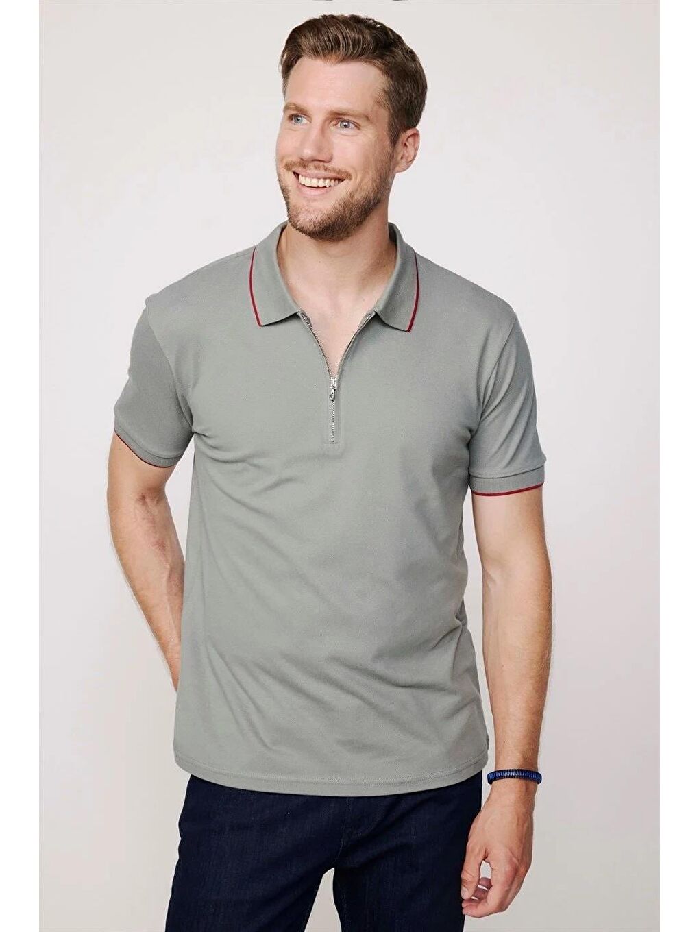 Karışık Erkek 3'Lü Paket Lacivert-Gri-Siyah Slim Fit Dar Kesim Pamuklu Düz Fermuarlı Pike Polo Yaka Tişört-2