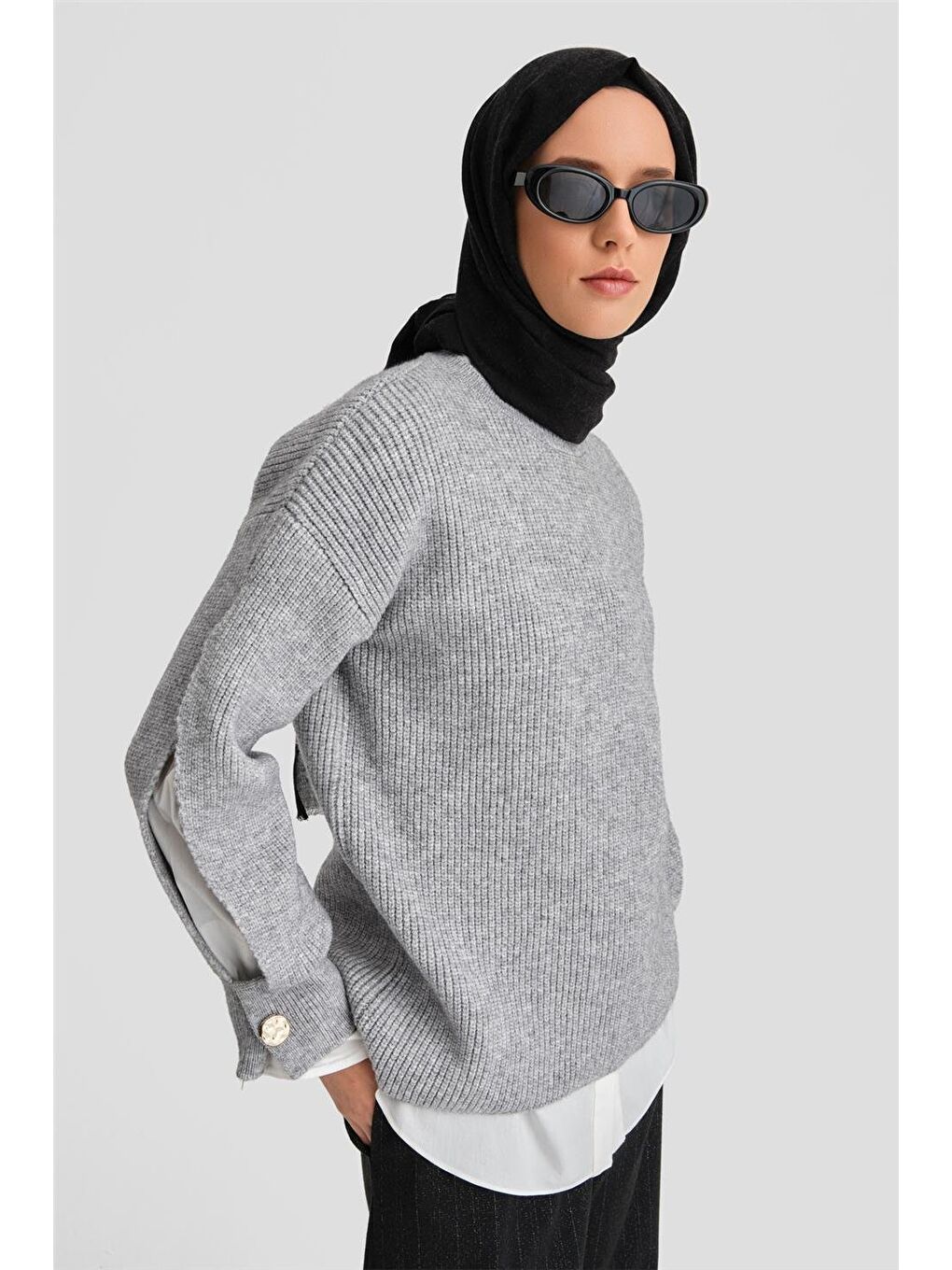 Kolu Yırtmaç Detaylı Kazak 24Kd4201 Gri Melanj-2