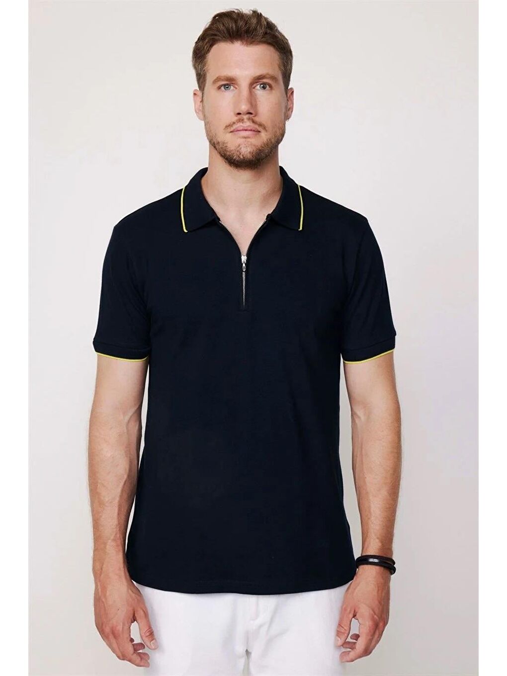 Karışık Erkek 3'Lü Paket Lacivert-Gri-Siyah Slim Fit Dar Kesim Pamuklu Düz Fermuarlı Pike Polo Yaka Tişört-3