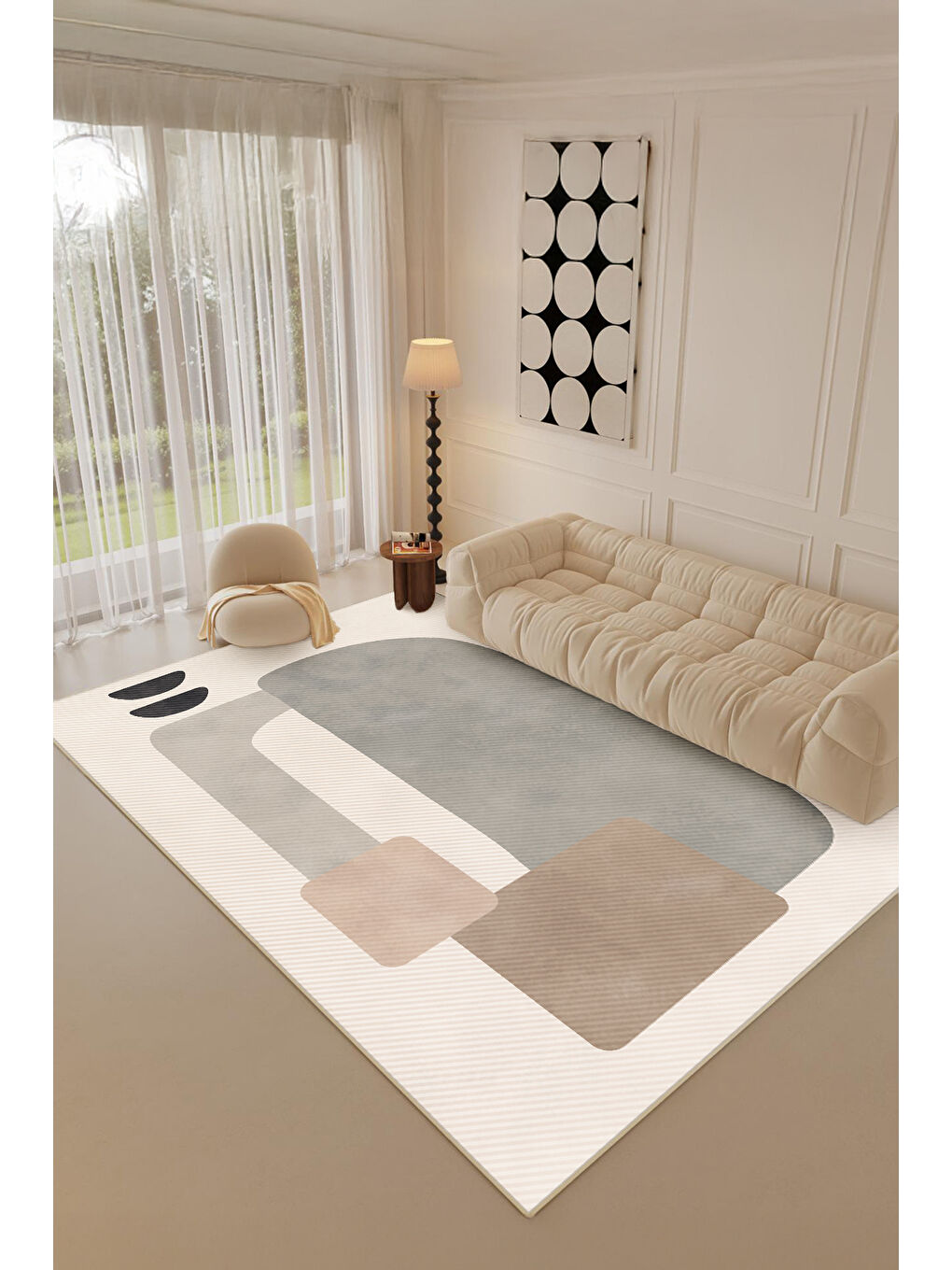 Ekru Dekoratif Salon Halısı, Makinada Yıkanabilir, Kaymaz Taban, İnce & Modern Tasarım-4