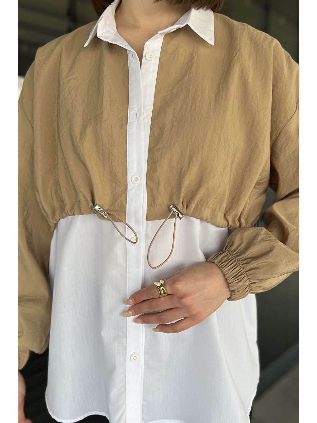 Bej Bel Büzgülü Kadın Paraşüt Garnili Gömlek-3