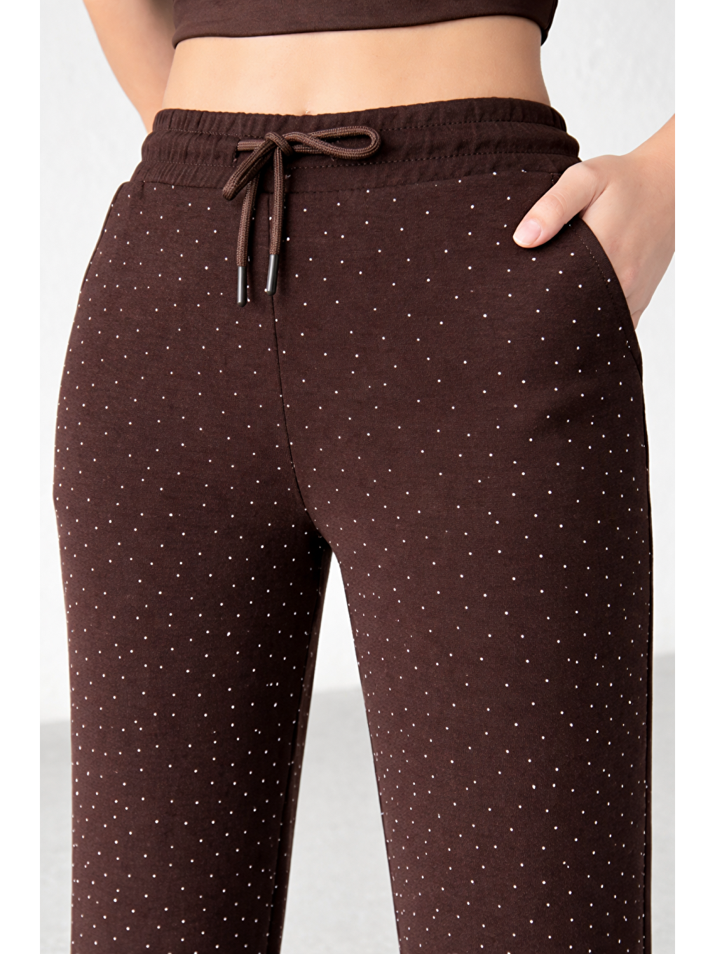 Kahverengi Kadın Taşlı Yüksek Kalite Beli Bağcıklı Yüksek Bel Pantolon-1