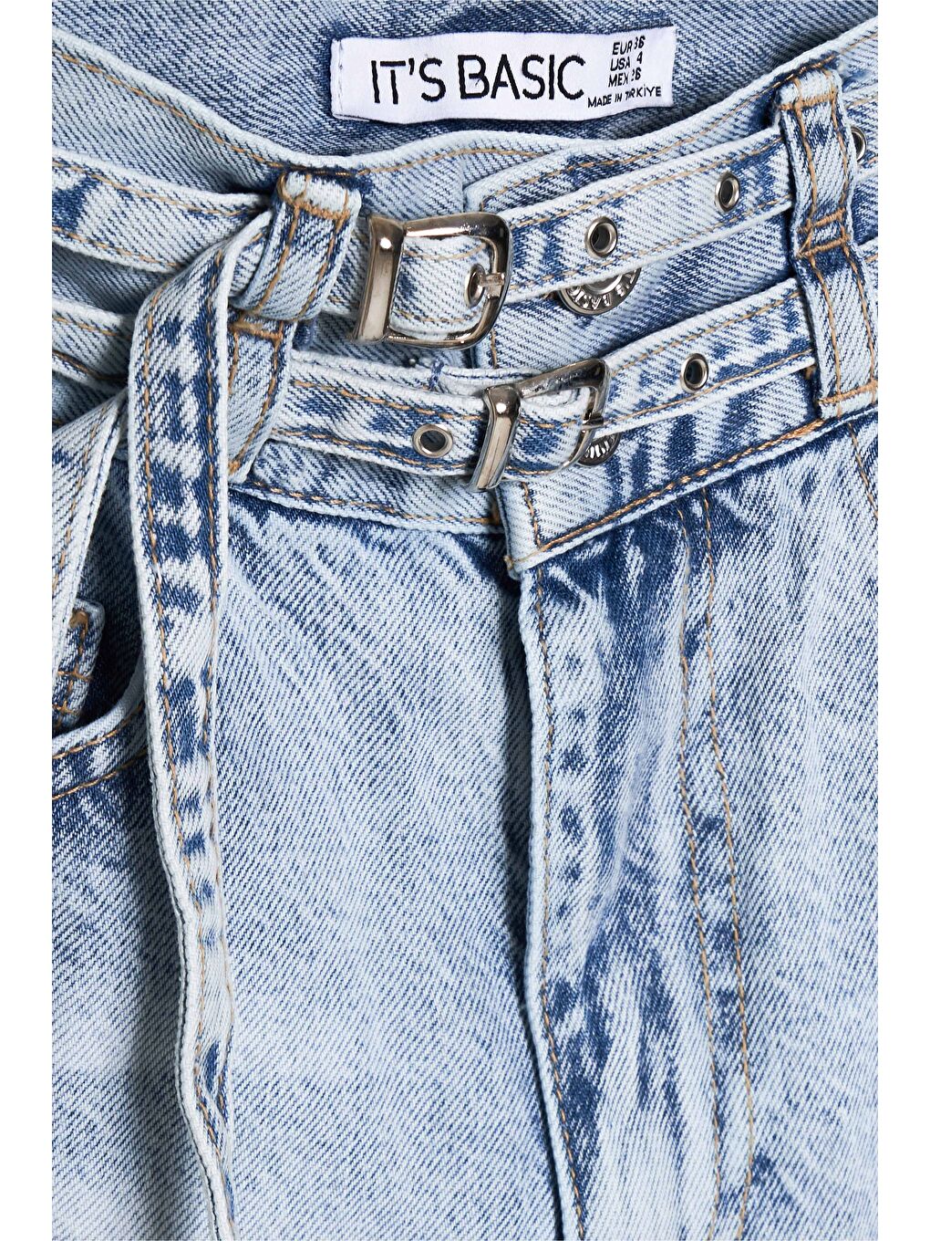 Mavi Kadın Jean Rengi 4s5-3 Midi Boy Çift Kemerli %100 Pamuk Tasarım Denim Şort-1