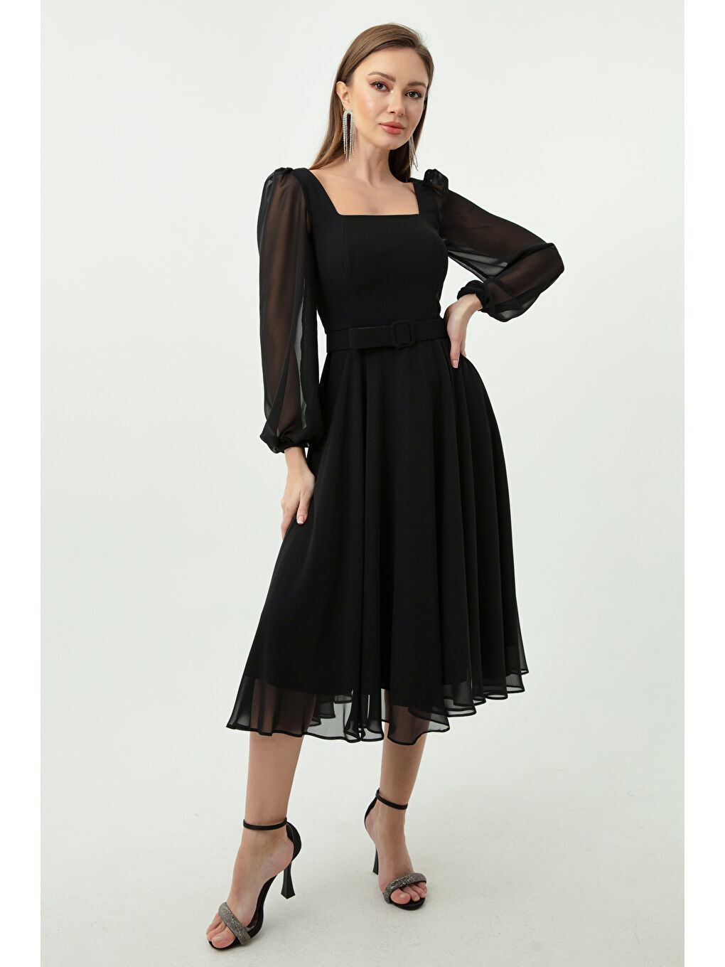 Kadın Siyah Kare Yaka Kemerli Midi Şifon Abiye Elbise-1