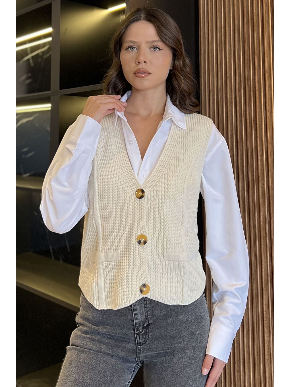 Ekru Kadın Düğmeli Triko Yelek (s-m-l-xl Uyumludur)-1